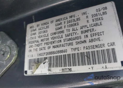 2008 Honda Accord 2.4 Ex-L из США, поврежденный, VIN 1HGCP26888A088840